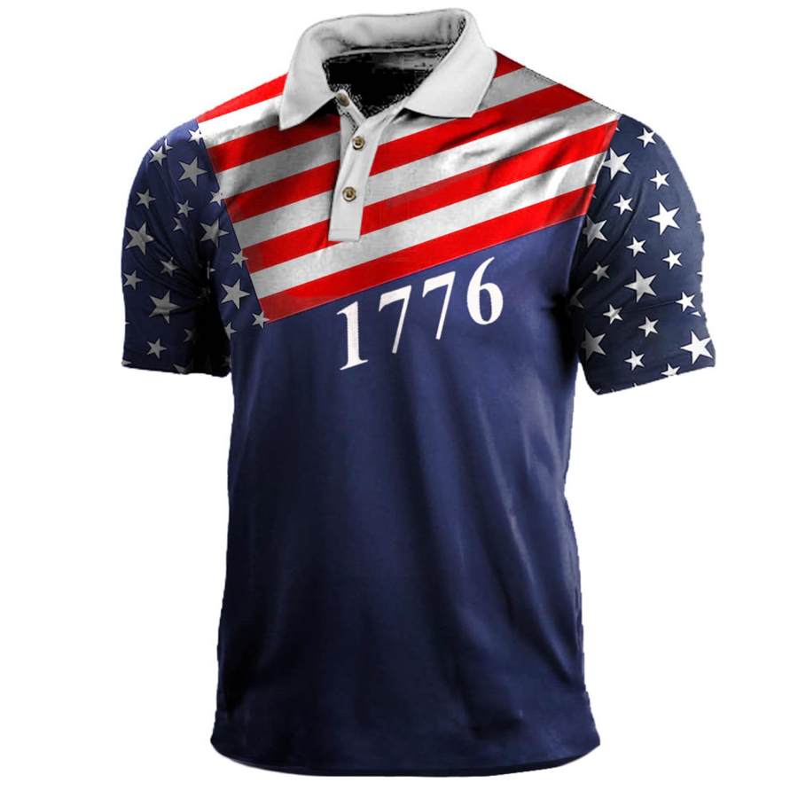 

Men's T-Shirt Polo Vintage 1776 American Flag Independence Day Short Sleeve Summer Daily Tops Blue