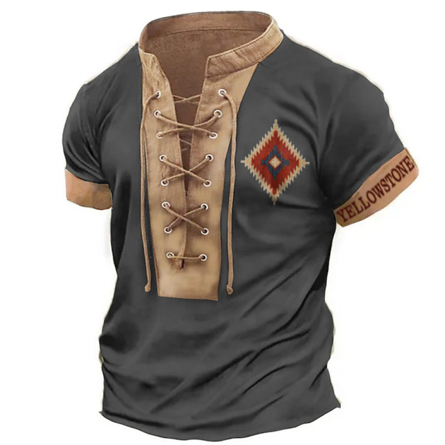 

Men's T-Shirt Vintage Western Yellowstone Aztec Lace-Up Stand Collar Short Sleeve Colorblock Summer Daily Tops Dark Gray