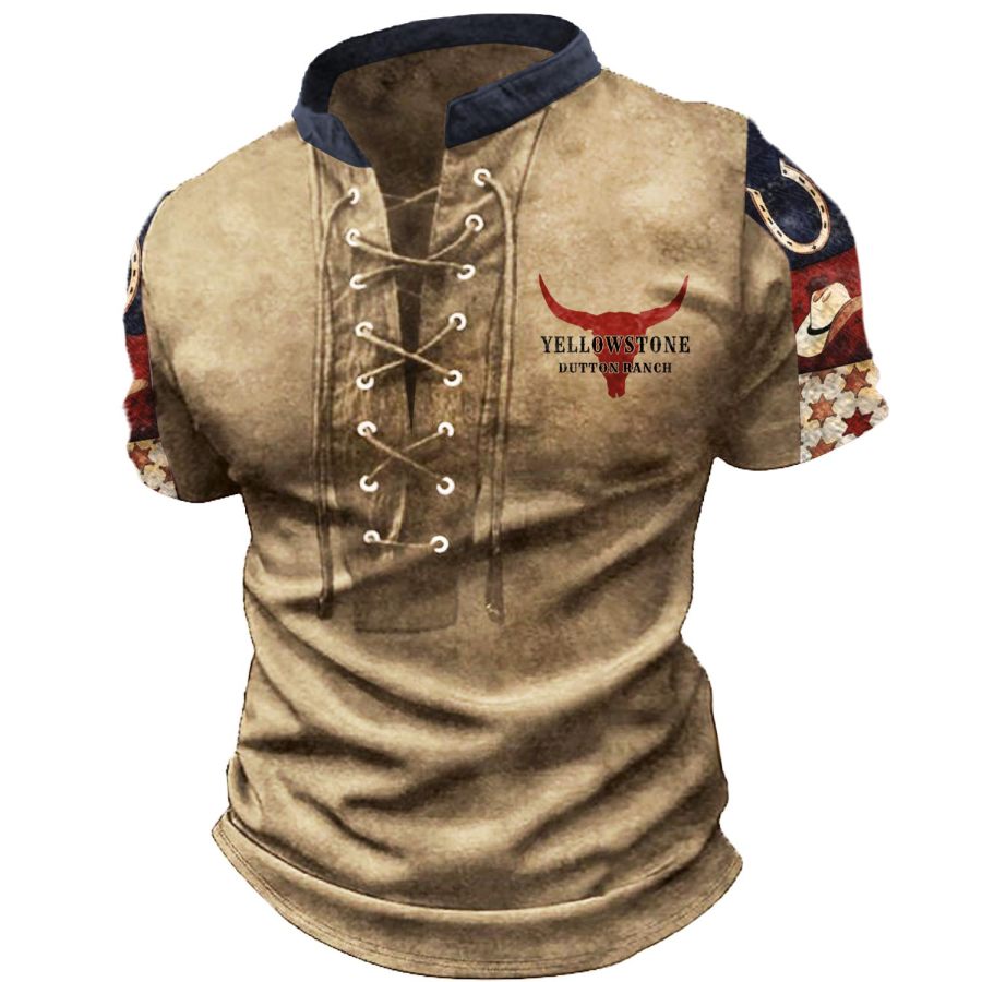 

Men's T-Shirt Vintage Western Yellowstone Skull Bull Lace-Up Stand Collar Short Sleeve Colorblock Summer Daily Tops