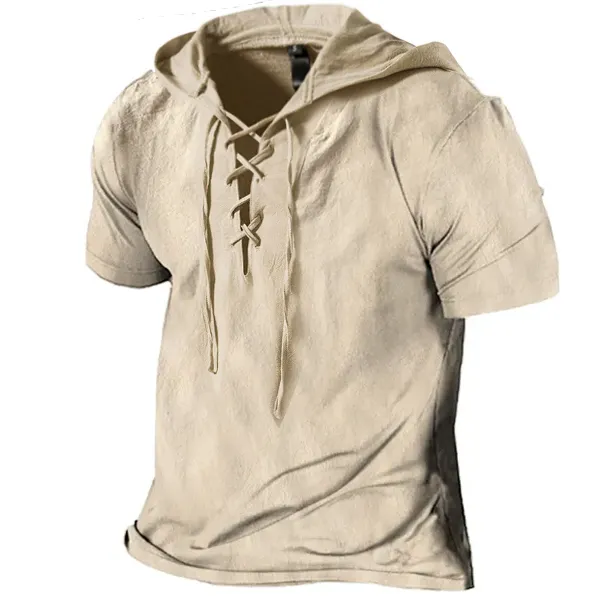 Men's Linen T Shirts Drawstring Hood Solid Color Summer Tops Short Sleeve Blouse Mens Plain T-shirt Work Pullover S-3XL - Kalesafe.com 