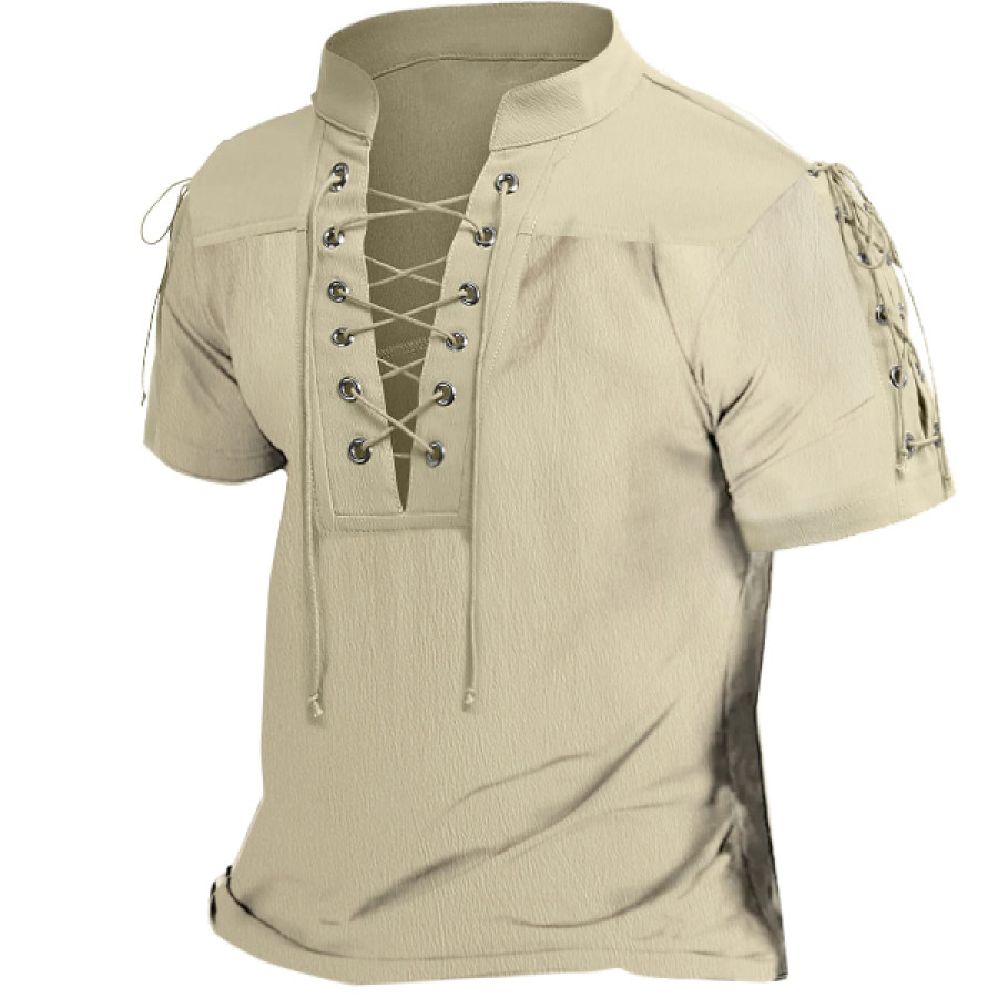 

Men's Linen T Shirts Beach Shirt Henley Lace Up Hippie Solid Color Summer Tops Short Sleeve Blouse Tee Pullover S-3XL