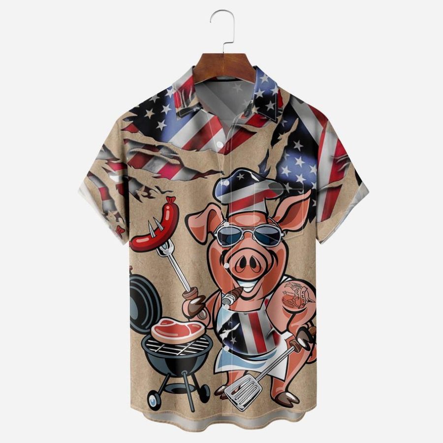 

Camicia Da Uomo Taglie Forti Bandiera Americana BBQ Pig Cooker Manica Corta Hawaii Beach Casual Summer Daily Tops