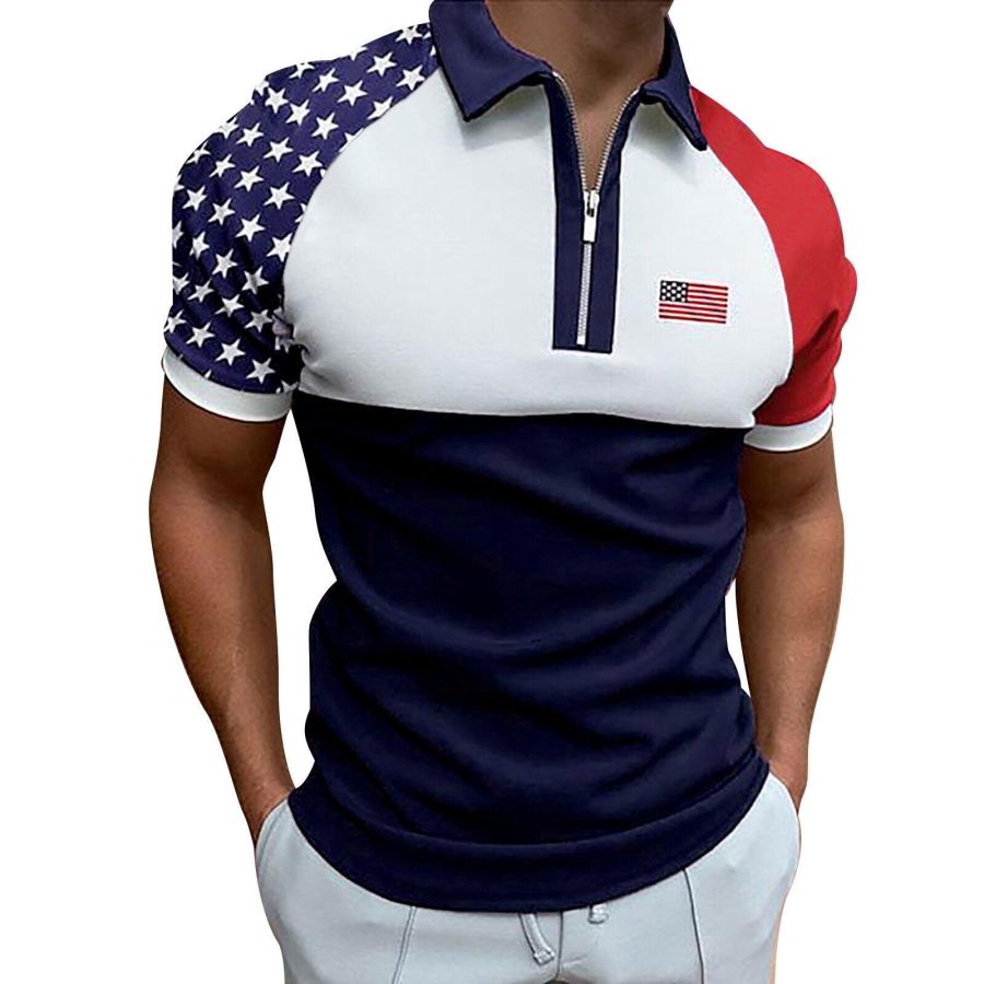 

Men's T-Shirt Vintage Zip Polo American Flag Independence Day Print Colorblock Short Sleeve Summer Daily Tops