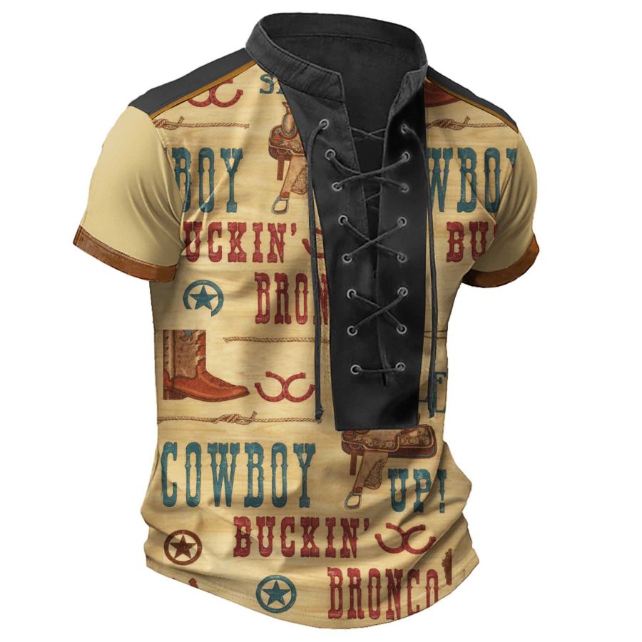 

Men's T-Shirt Vintage Western Cowboy Lace-Up Stand Collar Short Sleeve Colorblock Tops