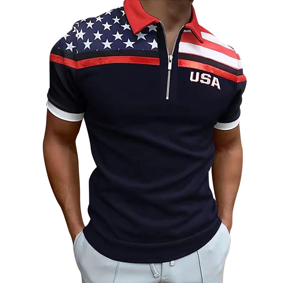 

Мужская футболка Vintage Zip Polo USA Американский флаг День независимости Печать Цветные блоки С коротким рукавом Лето Повседневные топы