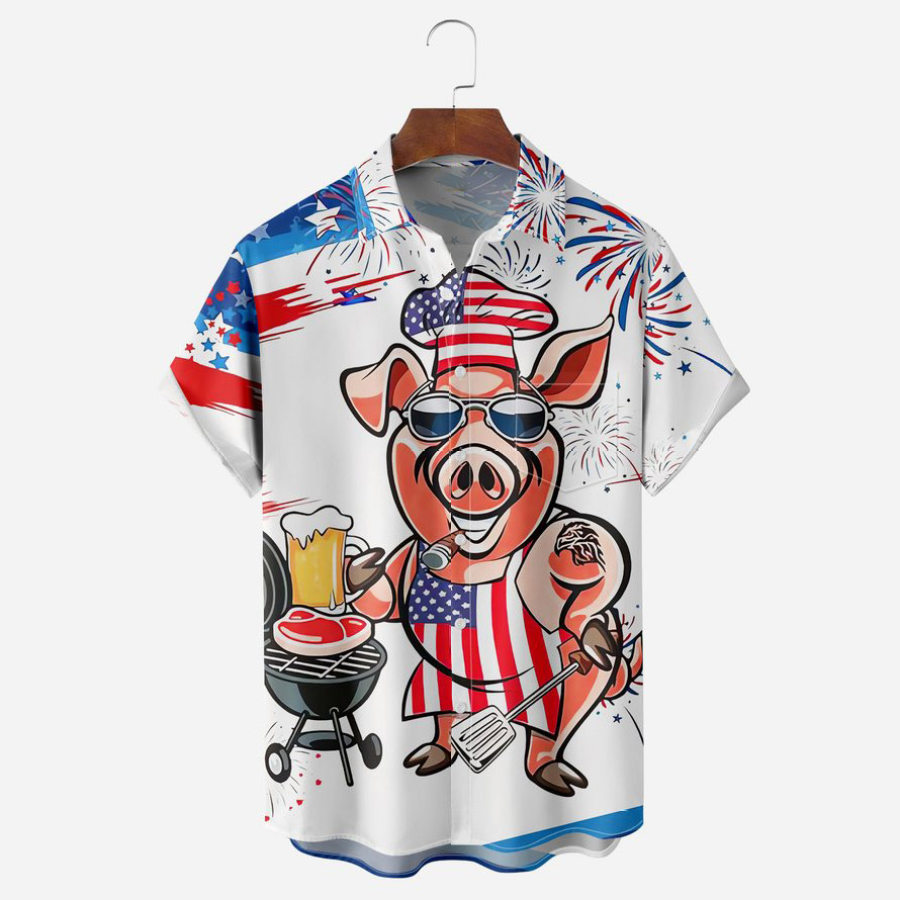 

Camisa De Hombre De Talla Grande De Manga Corta Hawaii Beach Bandera Americana Mr Pig Cook Casual Verano Diario Tops