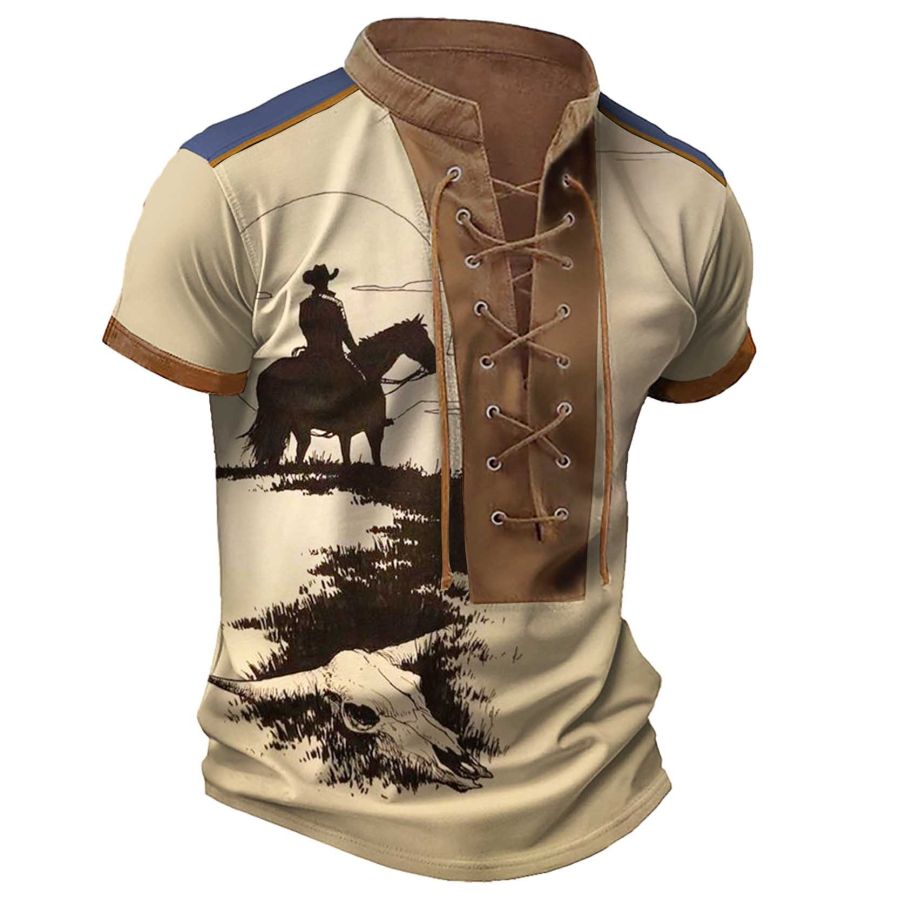 

Men's T-Shirt Vintage Western Cowboy Horse Skull Bull Lace-Up Stand Collar Short Sleeve Colorblock Tops