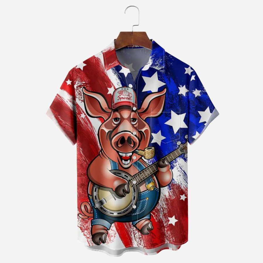 

Men's Shirt Plus Size American Flag Pig Guitar Short Sleeve Hawaii Beach Casual Summer Daily Tops