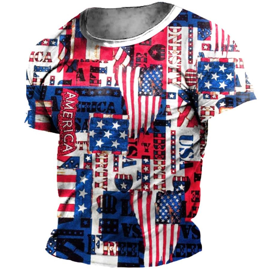 

Camiseta Masculina Vintage Bandeira Americana Dia Da Independência Plus Size Manga Curta Tops Diários De Verão