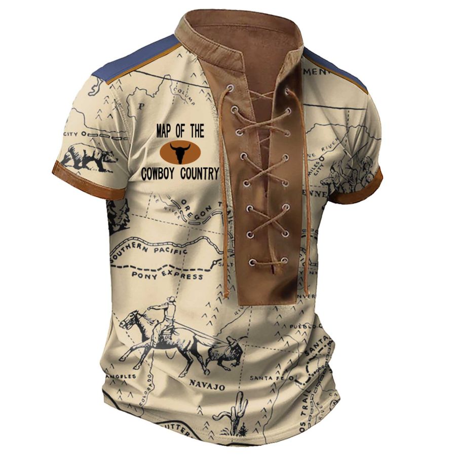 

Men's T-Shirt Vintage Western Map Cowboy Country Skull Bull Lace-Up Stand Collar Short Sleeve Colorblock Tops