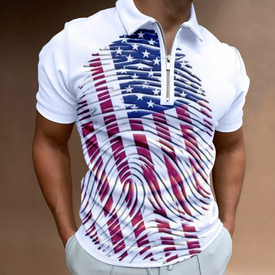 

Men's Polo Shirt American Flag Fingerprint Zip Polo Golf Shirt Turndown Casual 3D Zipper Print Clothing Short Sleeve Top