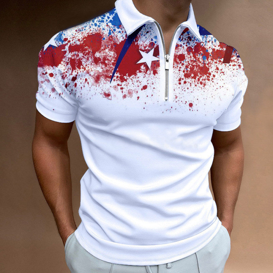 

Men's Polo Shirt Zip Polo Golf Shirt Turndown American Flag Casual 3D Zipper Print Clothing Short Sleeve Top