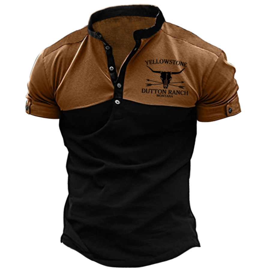 

Men's Henry T-shirt Retro Yellowstone Print Pattern Color Matching Short Sleeve Daily Casual Tee Coffee Color