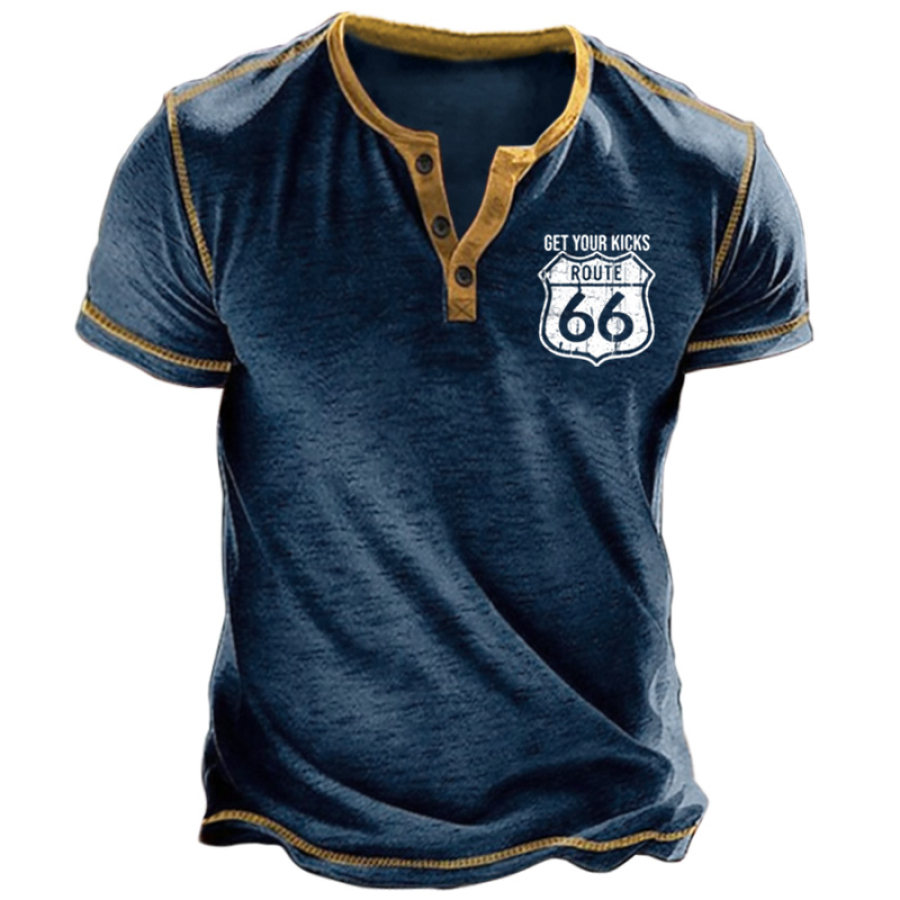 

Men's Henley T-Shirt Retro Route 66 Print Pattern Colorblock Short Sleeve Daily Casual Tee