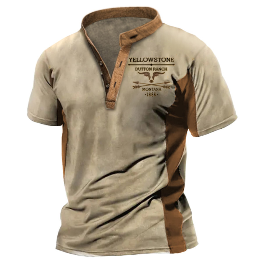 

Men's Henley T-Shirt Vintage Yellowstone Print Graphic Everyday Casual Tee