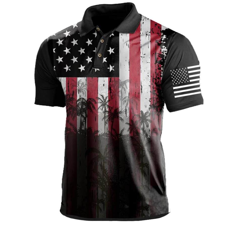 

Men's Vintage American Flag Coconut Tree Independence Day Print Polo Short Sleeve T-Shirt