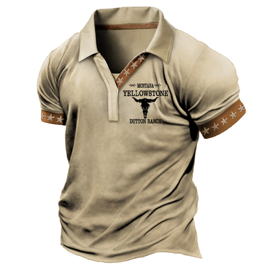 

Men's T-Shirt Vintage Western Yellowstone Skull Bull Colorblock Polo Short Sleeve Summer Daily Tops