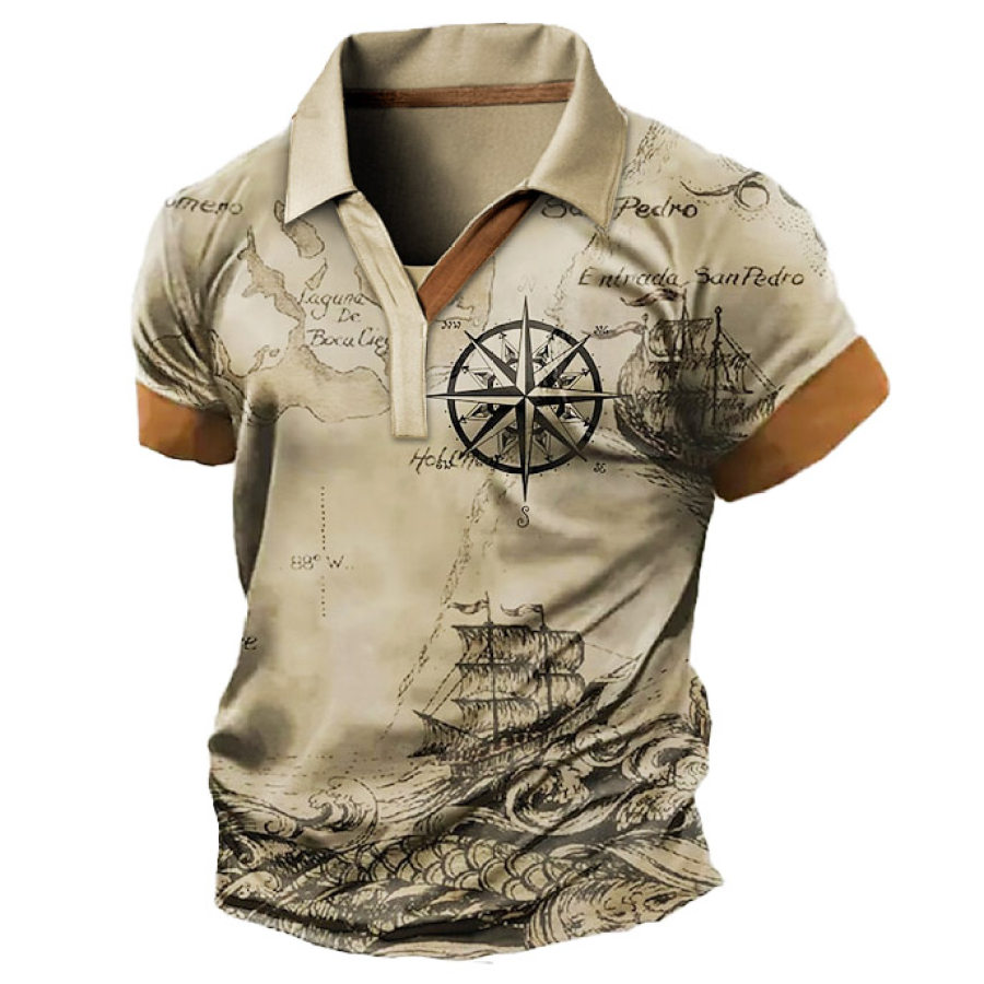 

Men's T-Shirt Vintage Nautical Map Compass Colorblock Polo Short Sleeve Summer Daily Tops