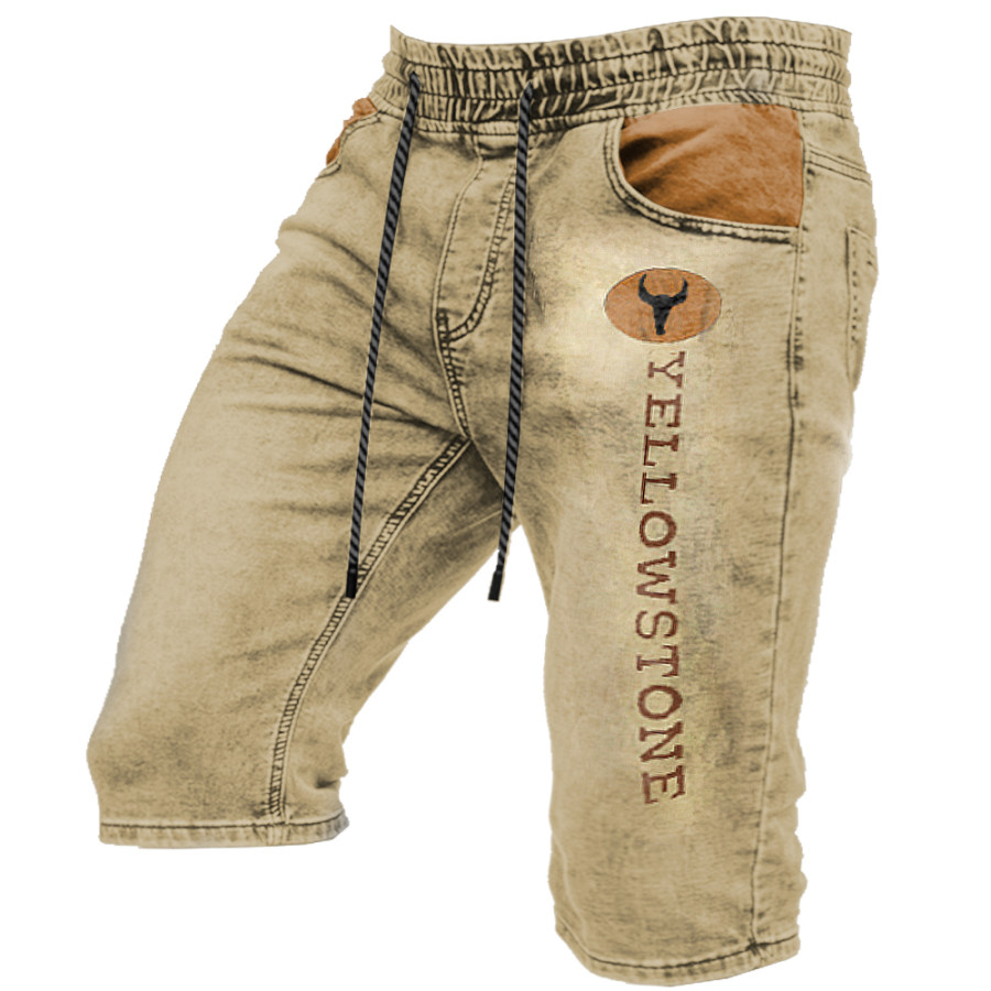 

Men's Vintage Yellowstone Wash Print Multi-Pocket Tactical Shorts
