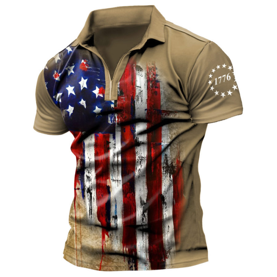 

Men's T-Shirt Retro American Flag 1776 American Independence Day Print Pattern Half Zipper Lapel Short Sleeve Daily Casu