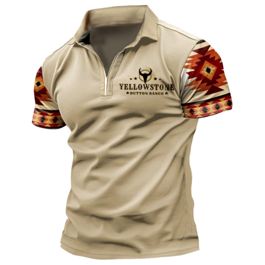 

Men's T-shirt Retro Yellowstone National Wind Printing Pattern Half Open Zipper Lapel Short Sleeve Daily Casual Tee