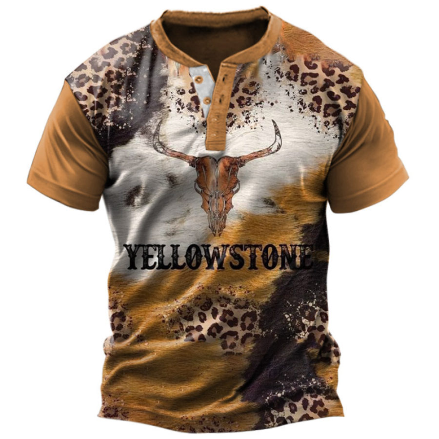 

T-shirt Da Uomo Henley T-shirt Casual Per Tutti I Giorni A Maniche Corte Con Stampa Leopardata Vintage Yellowstone