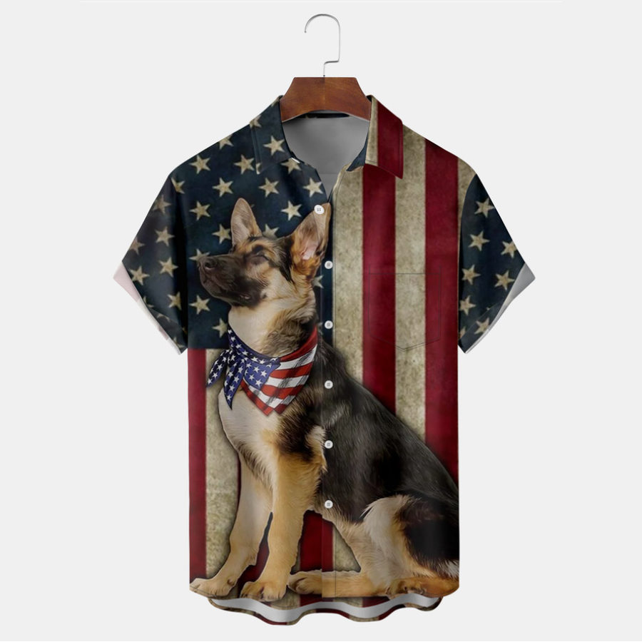 

Camisa Masculina Vintage Bandeira Americana Cachorro Plus Size Manga Curta Havaí Praia Verão Tops Diários