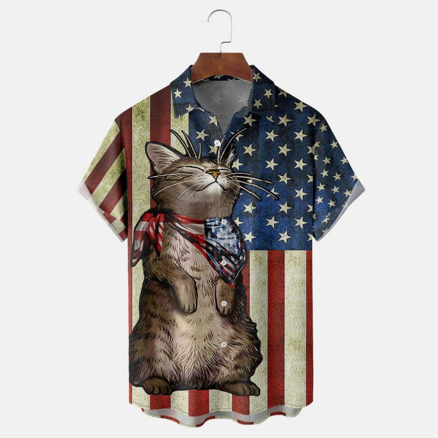 

Men's Shirt Vintage American Flag Cat Plus Size Short Sleeve Hawaii Beach Summer Daily Tops