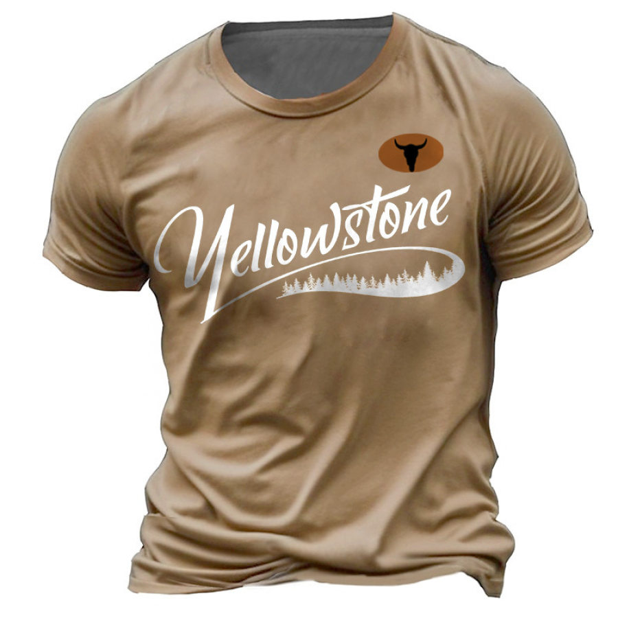 

Camiseta Masculina Vintage Western Yellowstone Caveira Bull Tamanho Grande Manga Curta Tops Diários De Verão