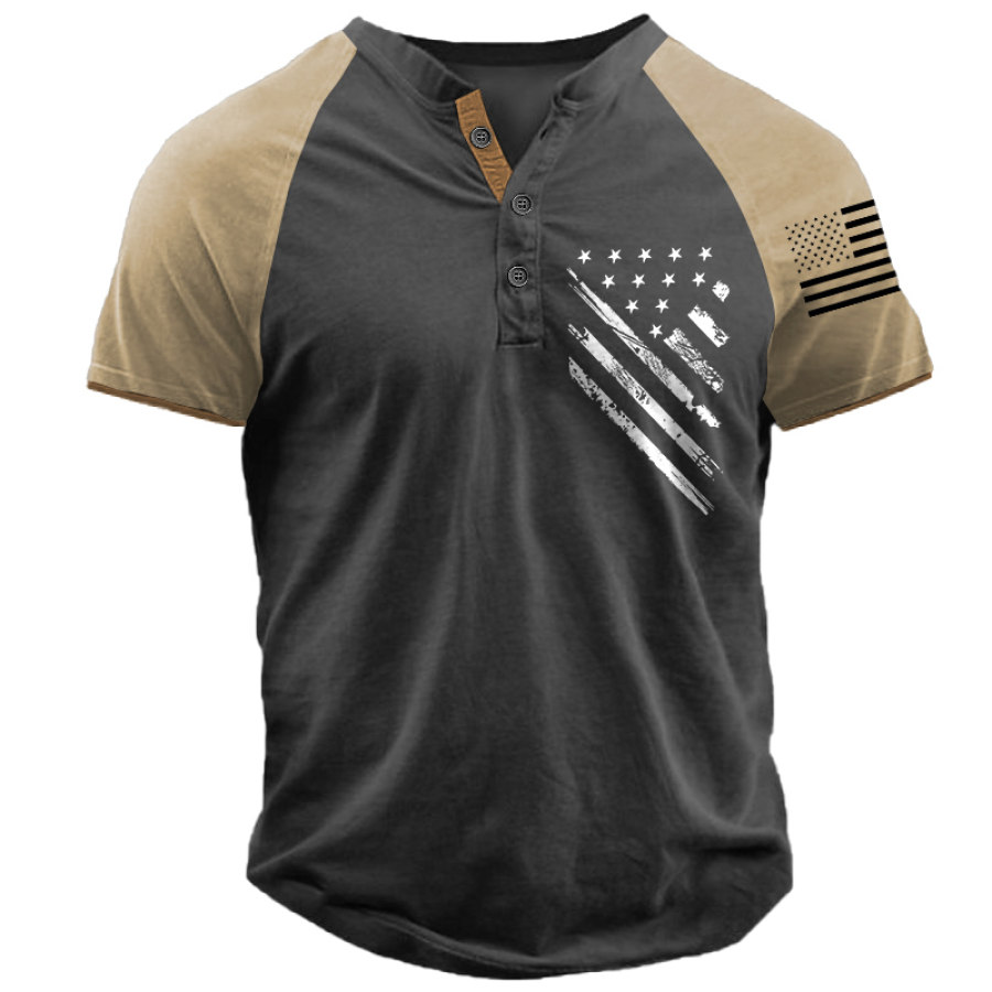 

Men's T-Shirt Vintage American Flag Henley Colorblock Short Sleeve Summer Daily Tops