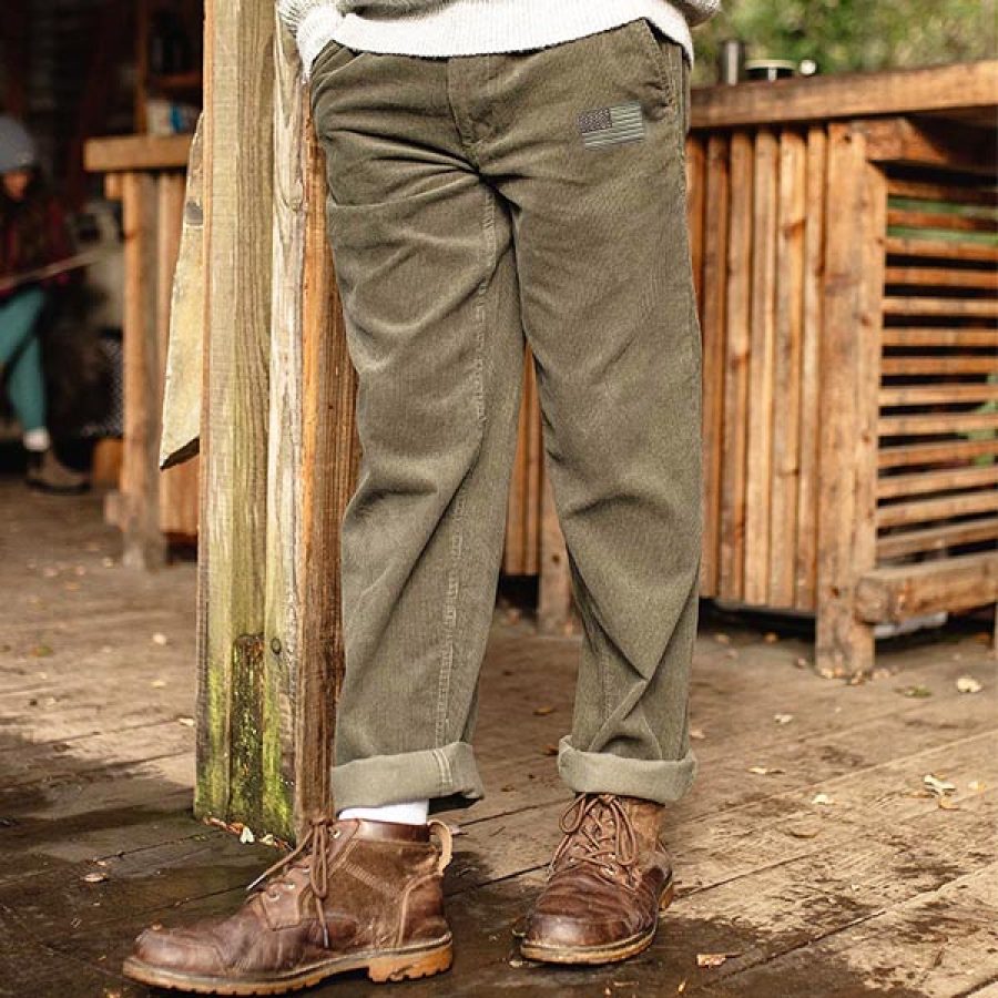 

Men Cord Pants Outdoor Adventurer American Flag Independence Day Retro Casual British Style Trousers