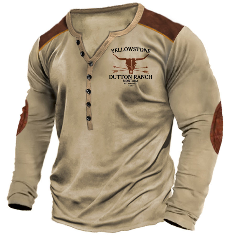 

Camiseta Masculina Henley Vintage Com Estampa De Yellowstone Estampa Manga Longa Casual Para O Dia A Dia