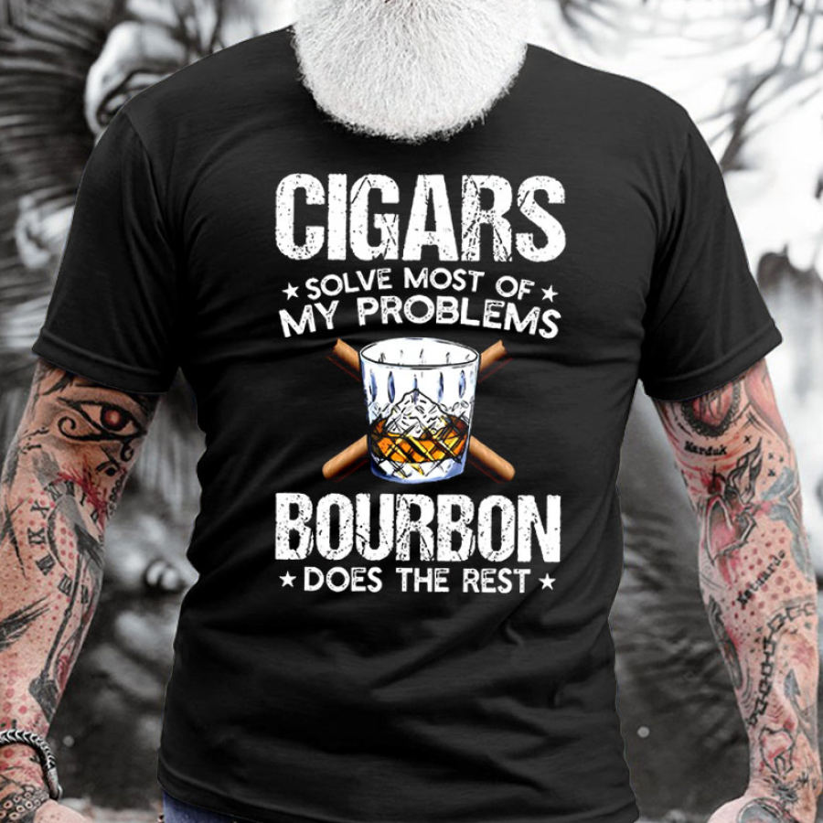 

Men's Cotton T-Shirt Crew Neck Short Sleeve Everyday Casual Funny Cigars Solve Most Of My Problems Bourbon Does The Rest