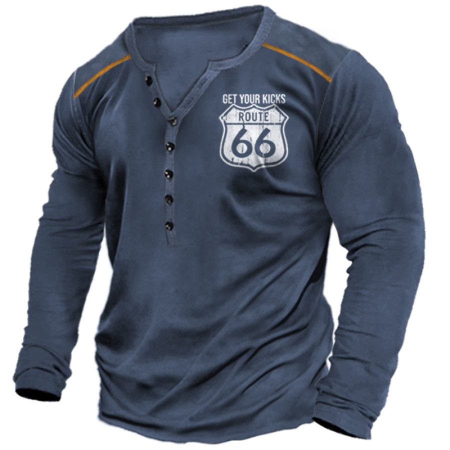 

Herren Henley T-Shirt Vintage Route 66 Print Grafik Langarm Alltags-Freizeit-T-Shirt Blau