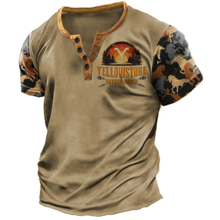 

Men's Henry T-Shirt Vintage Yellowstone Print Graphic Short Sleeve Everyday Casual Tee Khaki