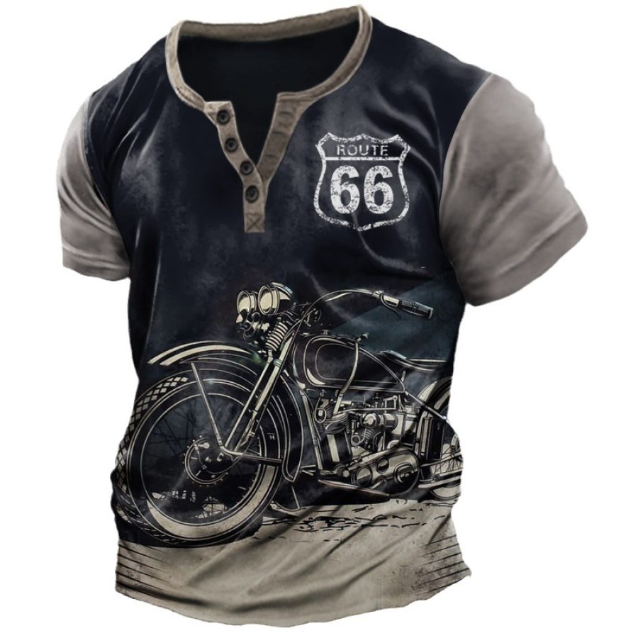 

Herren Henry T-Shirt Vintage Route 66 Motorrad Aufdruck Kurzarm Tägliches Freizeit-T-Shirt