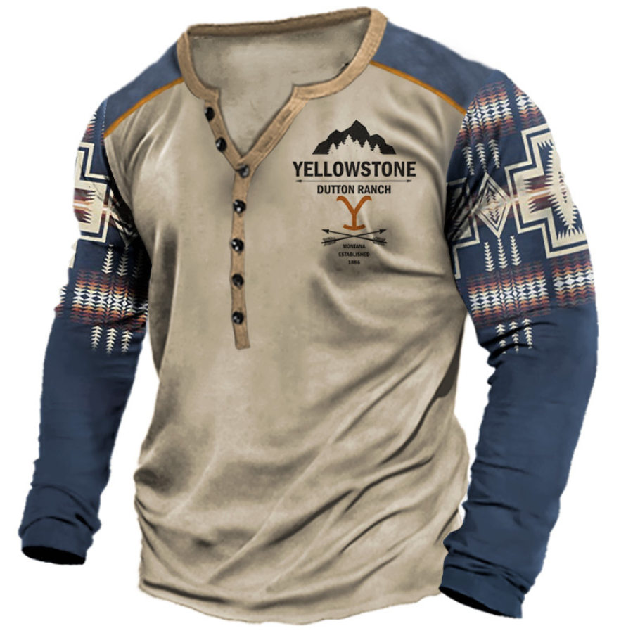 

Мужская футболка Генри Винтаж Йеллоустоун Этнический принт с длинным рукавом Повседневная футболка