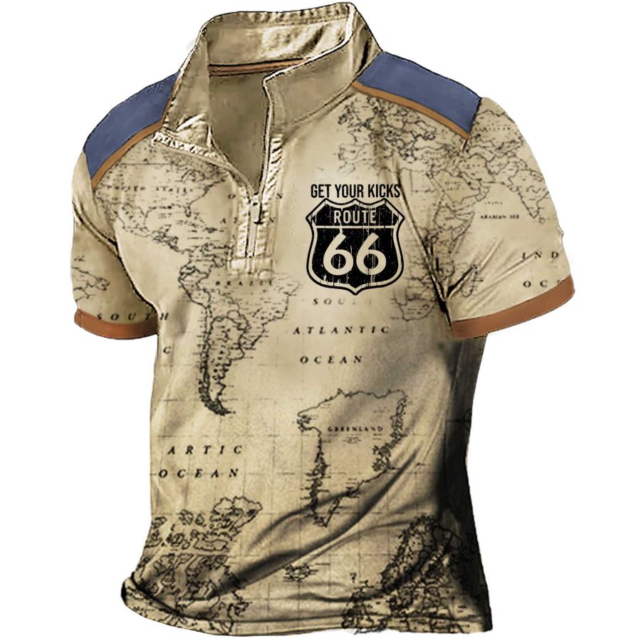 

Men's T-Shirt Zip Polo World Map Get Your Kicks Route 66 Colorblock Vintage Outdoor Summer Daily Tops