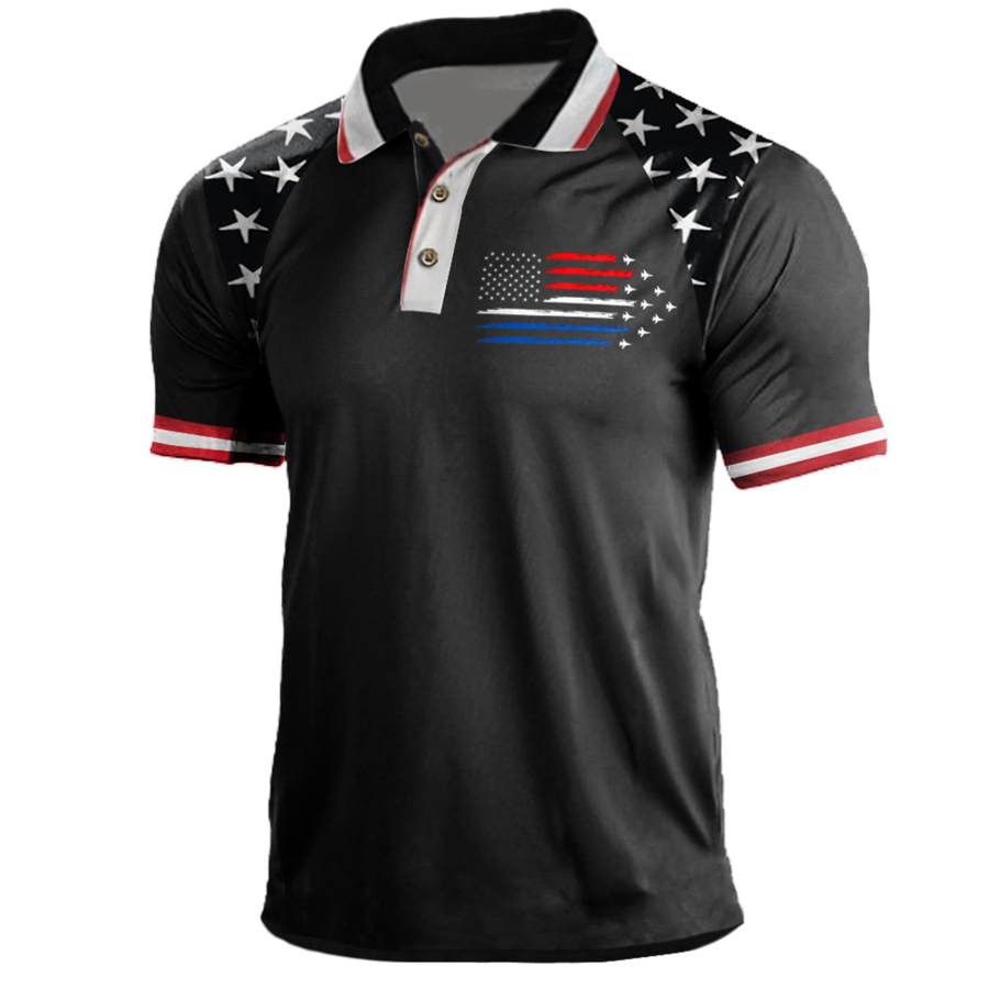 

Men's Polo Shirt Vintage 4th Of July Red White Blue Air Force Flyover Independence Day Short Sleeve Golf Shirts