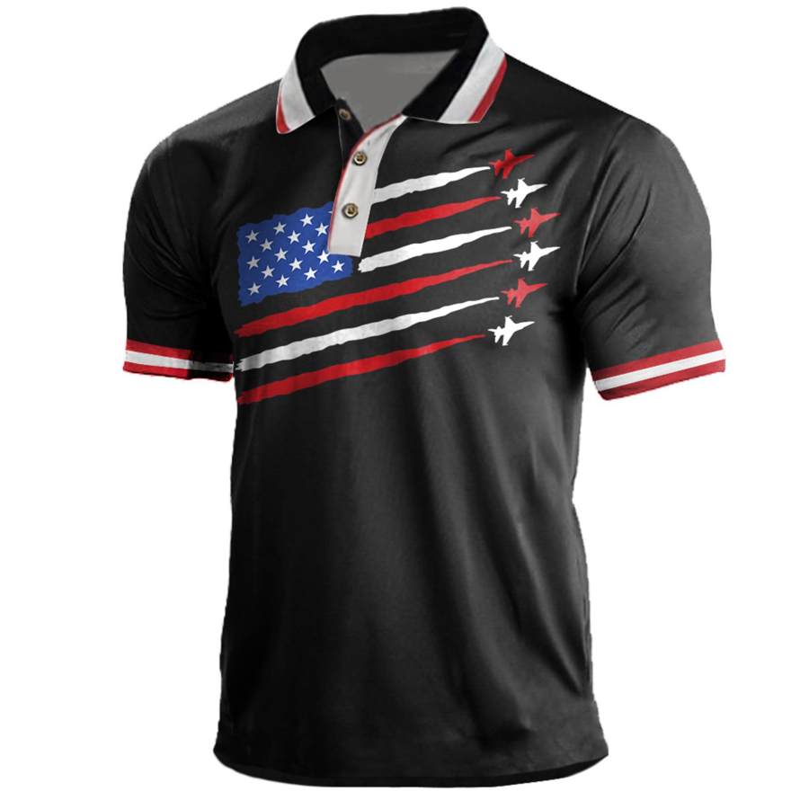

Men's Polo Shirt Vintage 4th Of July American Flag Jet Fighter Independence Day Short Sleeve Daily Tops Golf Shirts