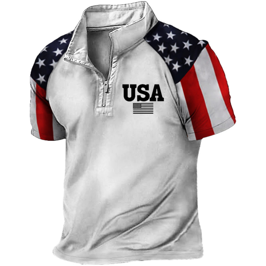 

Men's T-Shirt Zip Polo American Flag USA Colorblock Vintage Outdoor Summer Daily Tops