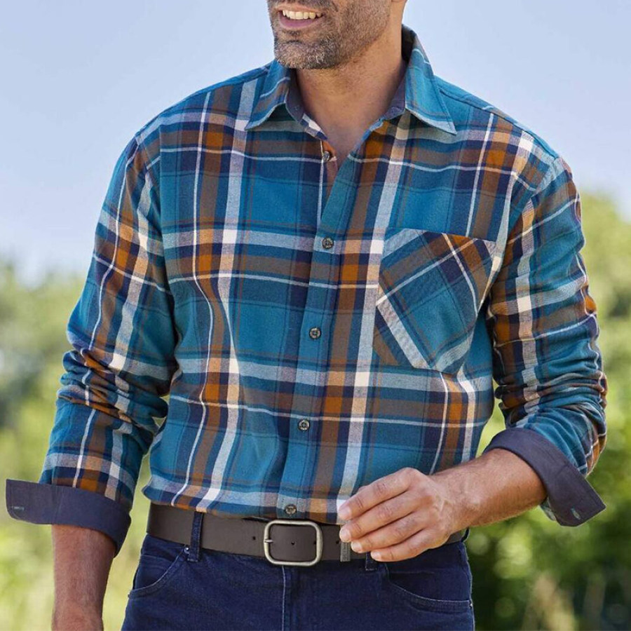 

Men's Outdoor Shirt Retro Blue Checked Pocket Long Sleeve Casual Loose Shirt