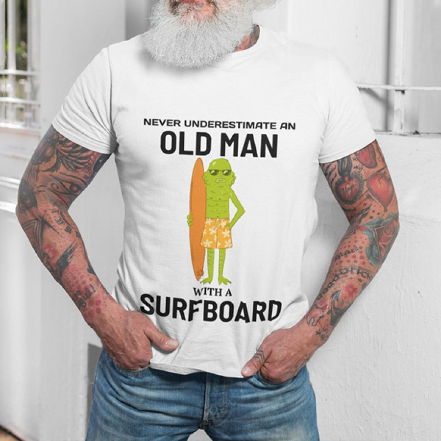 

Men Cotton T-Shirt Old Man Fun Surfing Frog Casual Loose Tee