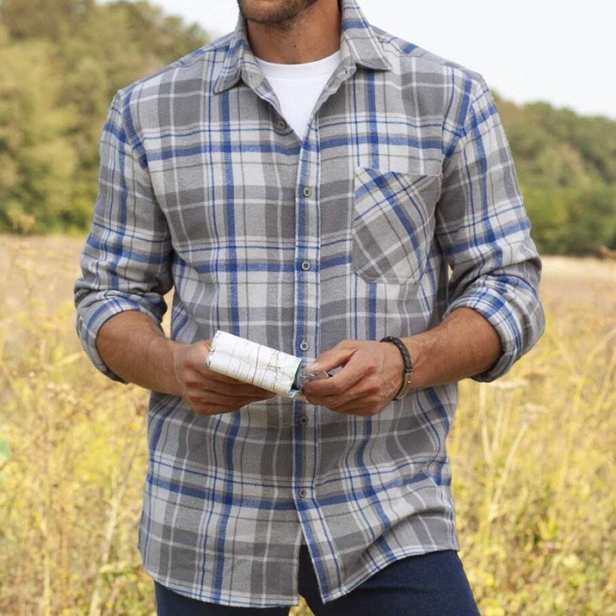 

Men's Outdoor Shirt Retro Royal Blue Light Gray Checked Pocket Long Sleeve Casual Loose Shirt