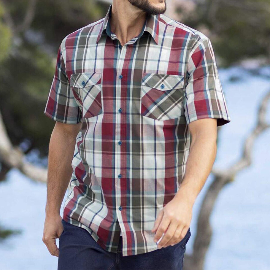 

Men's Outdoor Shirt Retro Wine Red White Checked Pocket Short Sleeve Casual Loose Shirt