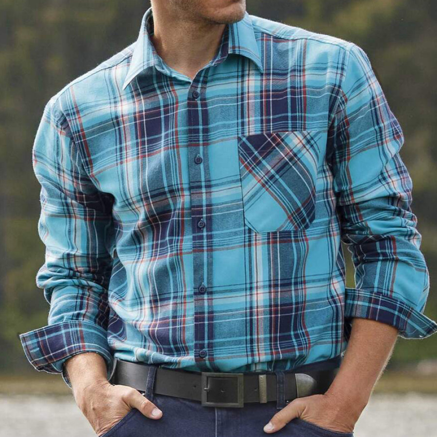 

Men's Outdoor Shirt Retro Lake Blue Navy Blue Color Contrast Checked Pocket Long Sleeve Casual Loose Shirt