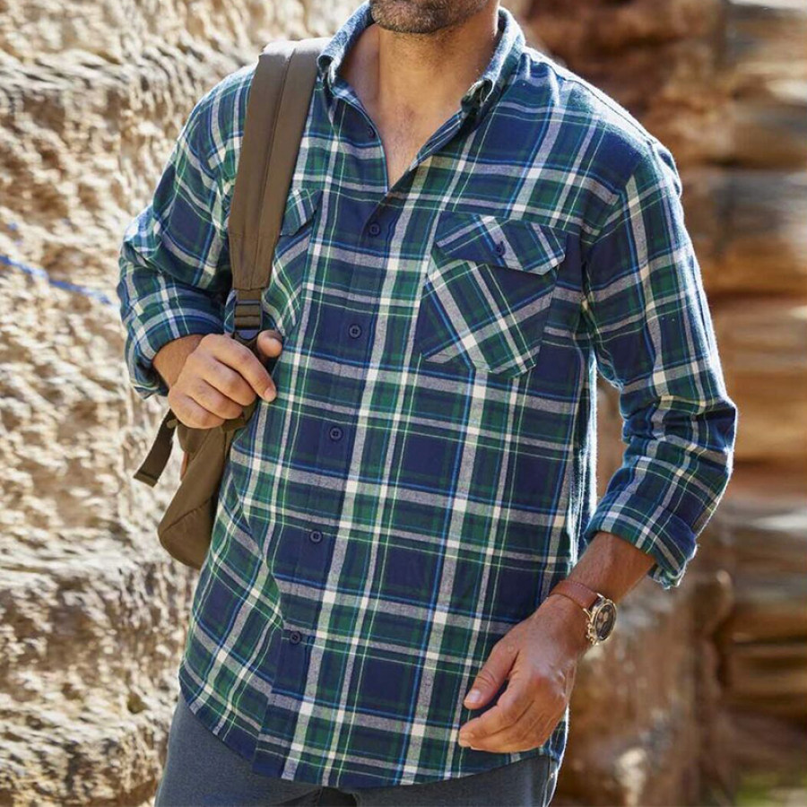 

Men's Outdoor Shirt Navy Blue Grass Green White Color Contrast Checked Pocket Long Sleeve Casual Loose Shirt
