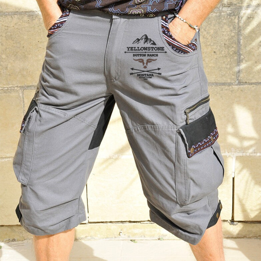 

Zippered Multi-pocket Tactical Shorts Ethnic Print Panels Shorts