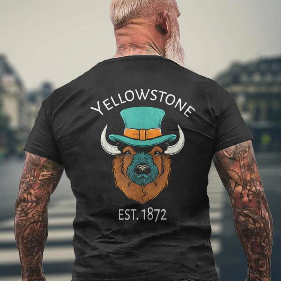 

Men Cotton T Shirt Bison Yellowstone National Park Established 1872 Men's Crewneck Short Sleeve Back