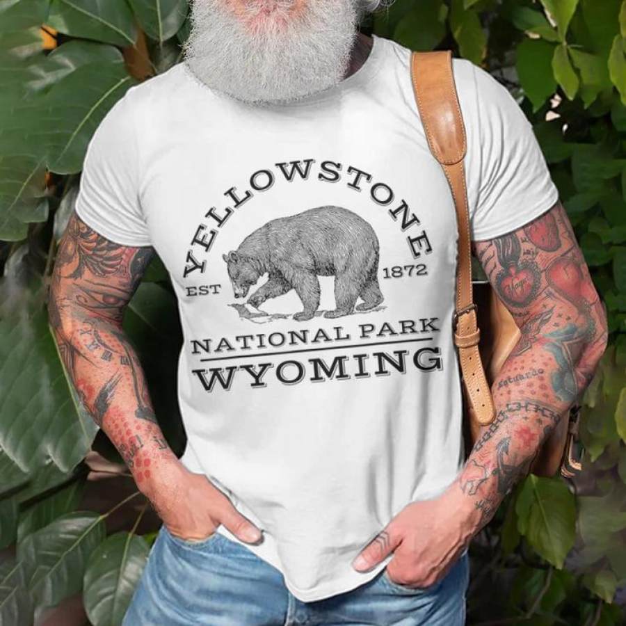 

Men Cotton T Shirt Yellowstone National Park Bear Wyoming Hike Outdoors Crewneck Short Sleeve Tee